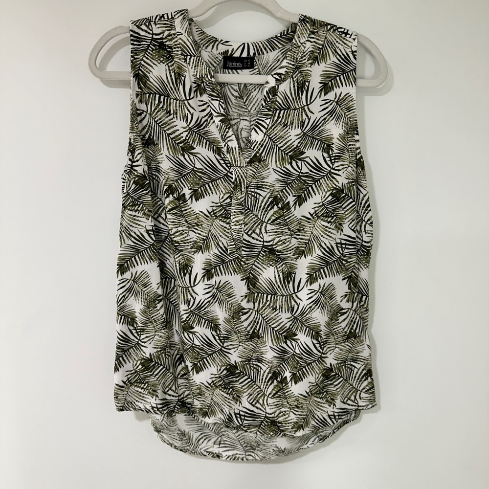 Janina Palm Leaf Print Sleeveless Blouse Women Size 10 White‎ Green | Tropical
